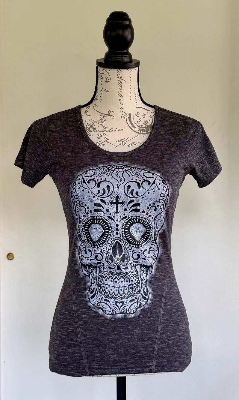 Biker Clothing Company Women's Sugar Skull Graphic T-Shirt with Mesh Back Panel